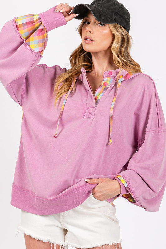 Plaid Print Mineral Washed Hoodie - Lilac