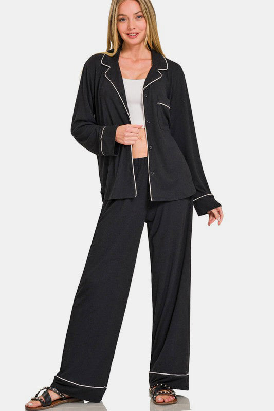 Button Down Long Sleeve Top and Pants Lounge Set - Black