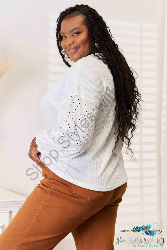 Double Take Eyelet Dropped Shoulder Round Neck Blouse