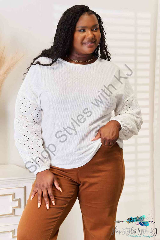 Double Take Eyelet Dropped Shoulder Round Neck Blouse White / S