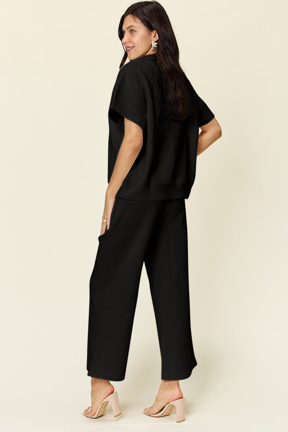 Texture Half Zip Short Sleeve Top and Pants Set - 6 Colors