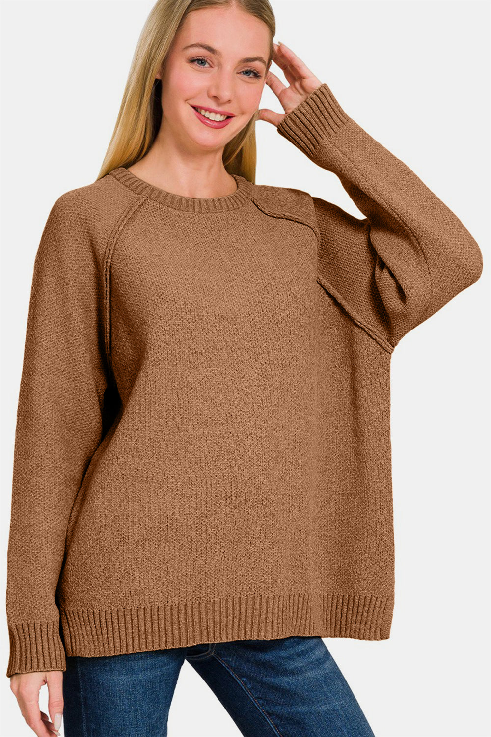 Side Slit Raglan Sleeve Sweater - Camel