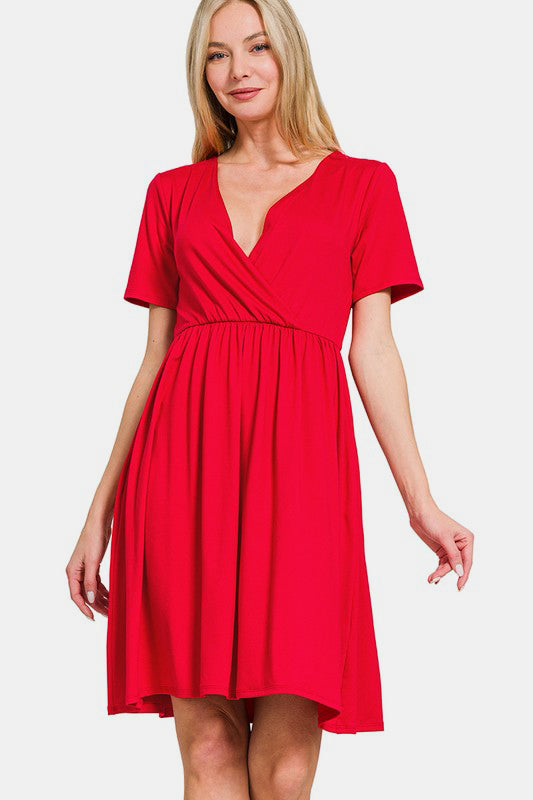 Ready for Anything Surplice Short Sleeve Brushed DTY Dress - Red