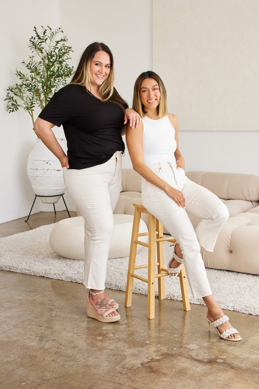 RFM Tummy Control High Waist Raw Hem Cropped Jeans - Off White