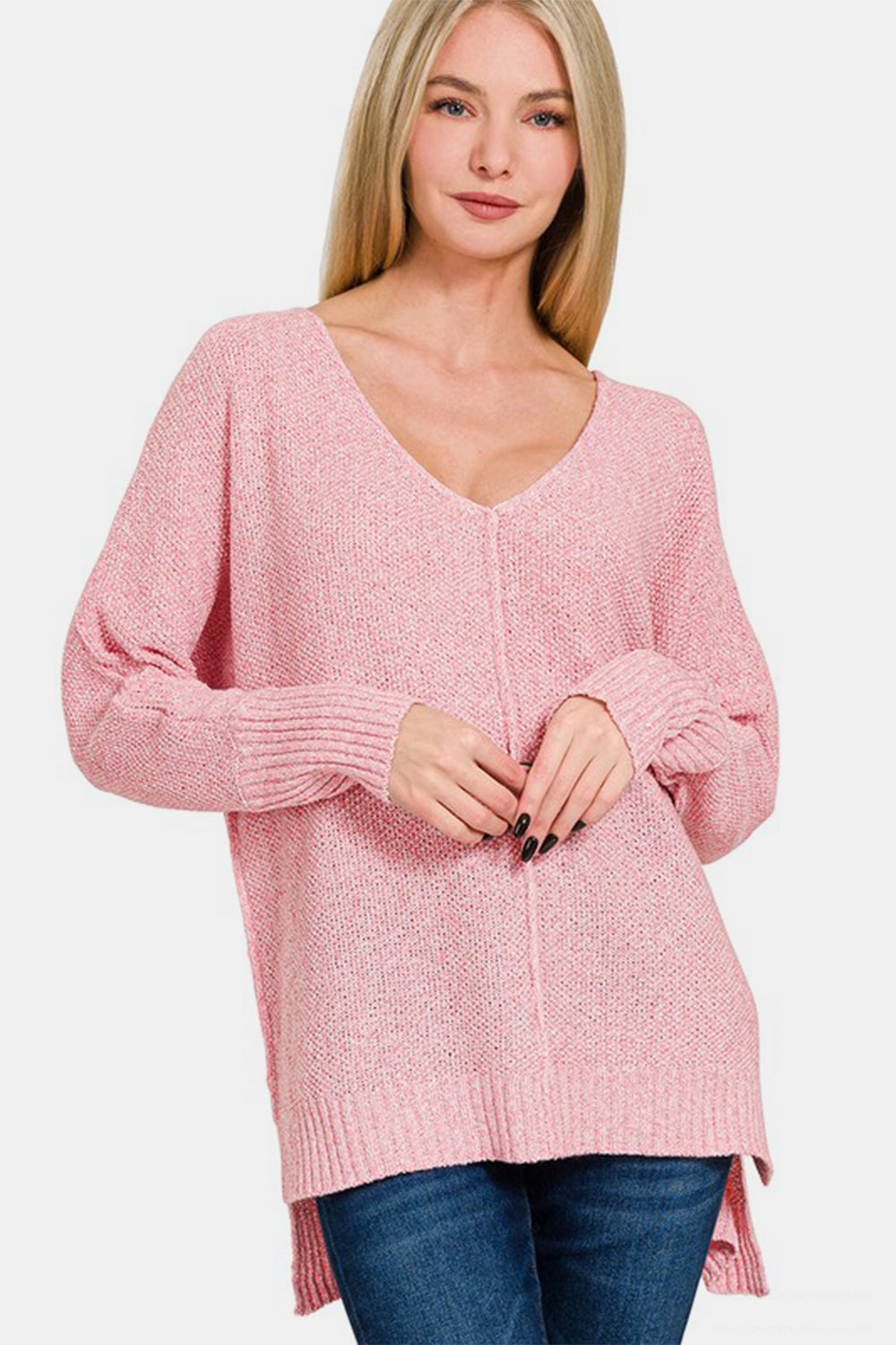 High-Low Center Seam V-Neck Sweater