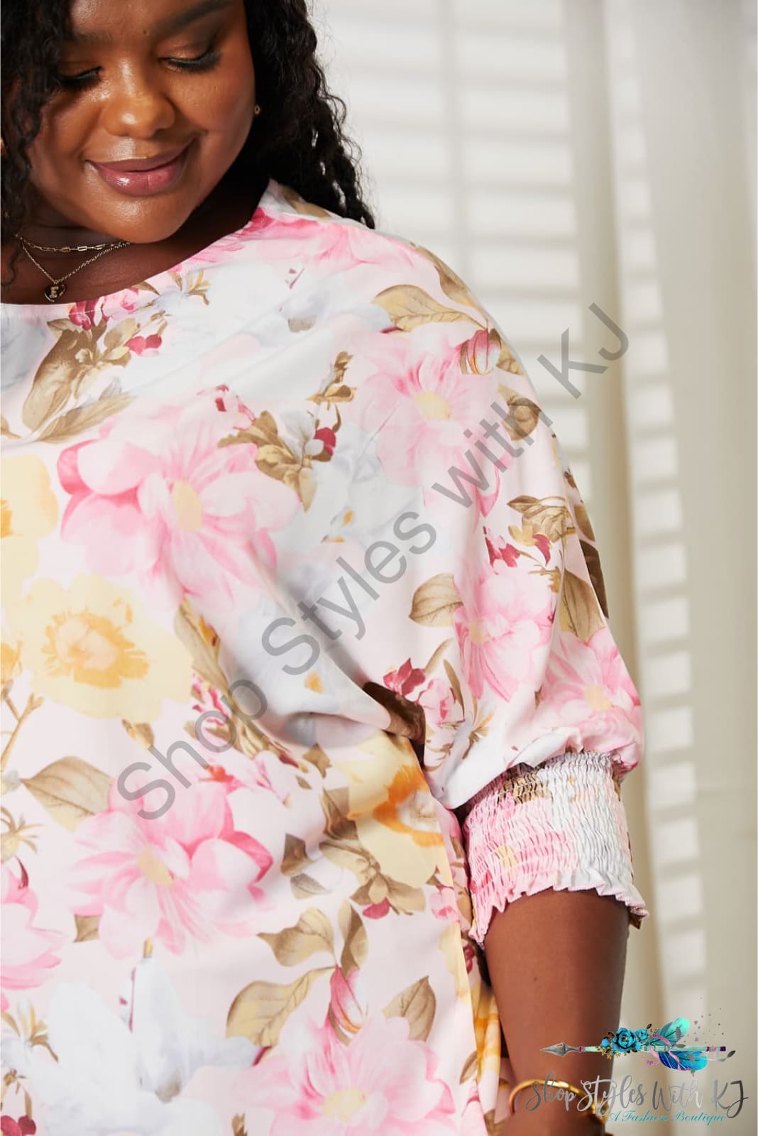 Double Take Floral Round Neck Three-Quarter Sleeve Top