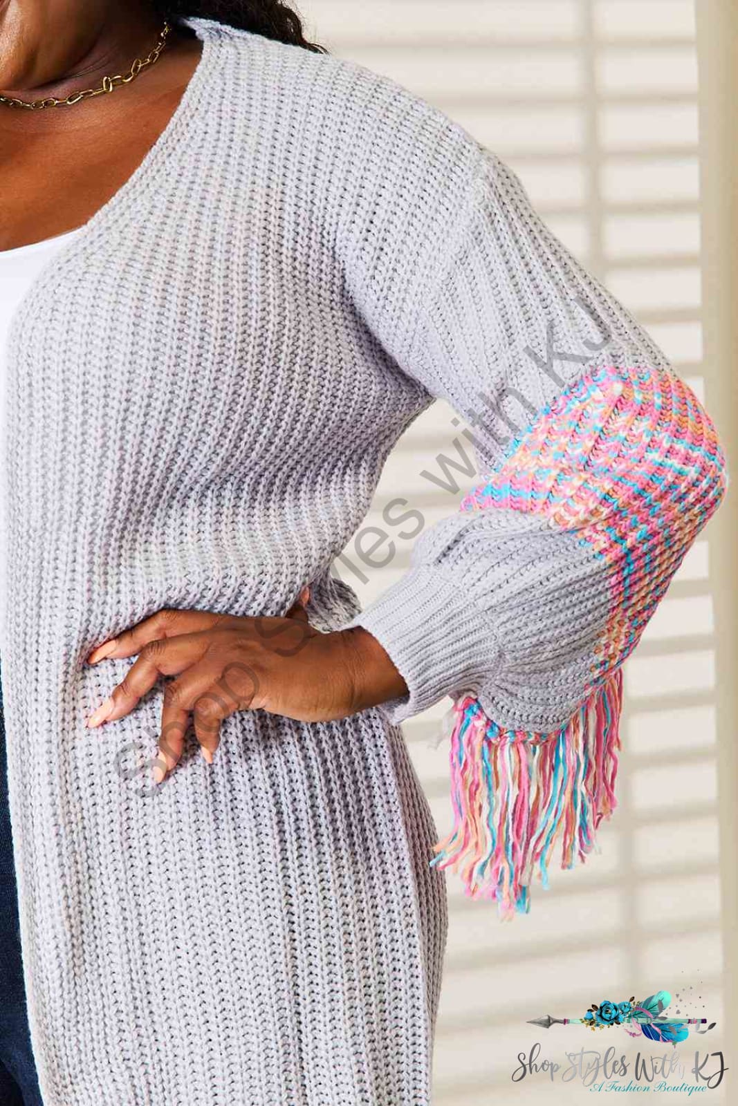 Woven Right Fringe Sleeve Dropped Shoulder Cardigan