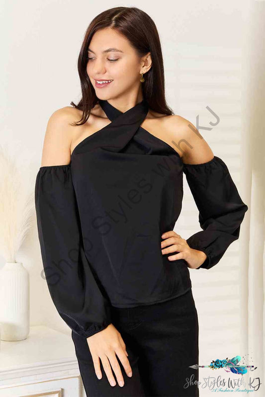 Grecian Cold Shoulder Long Sleeve Blouse Black / S Shirts & Tops