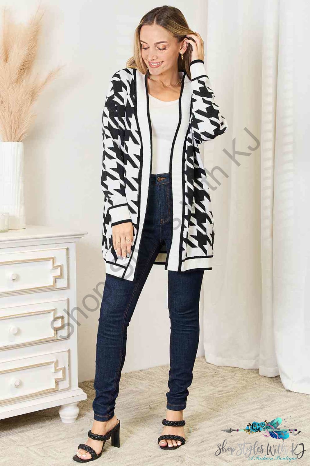 Woven Right Houndstooth Open Front Longline Cardigan Sweaters & Cardigans