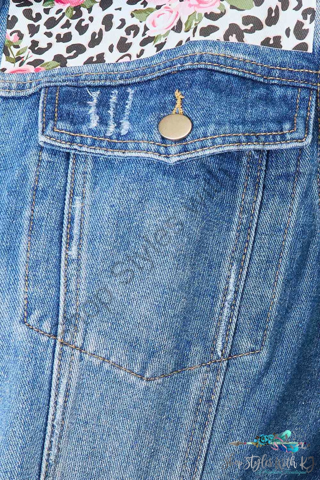 Baeful Leopard Floral Distressed Raw Hem Denim Jacket