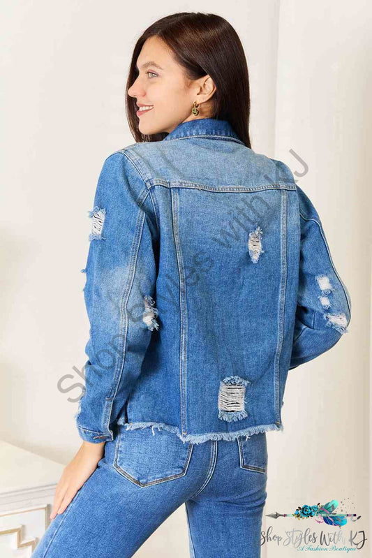 Baeful Leopard Floral Distressed Raw Hem Denim Jacket