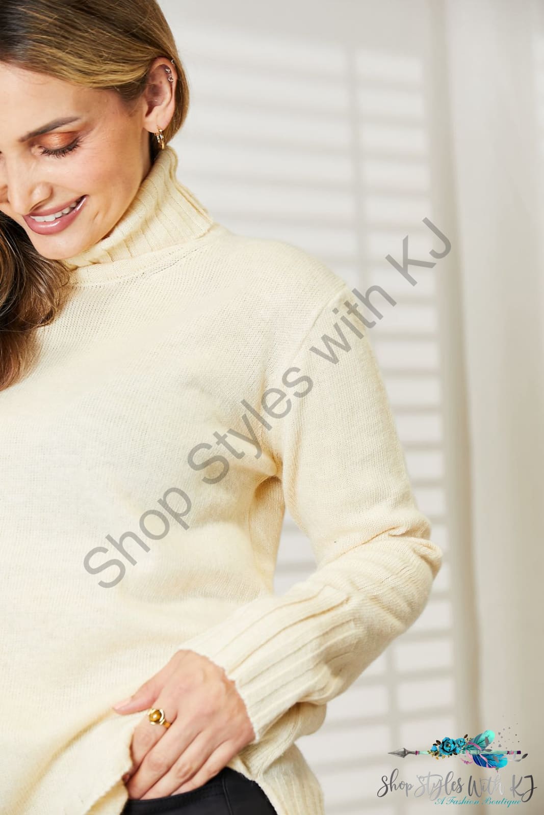 Heimish Full Size Long Sleeve Turtleneck Sweater With Side Slit