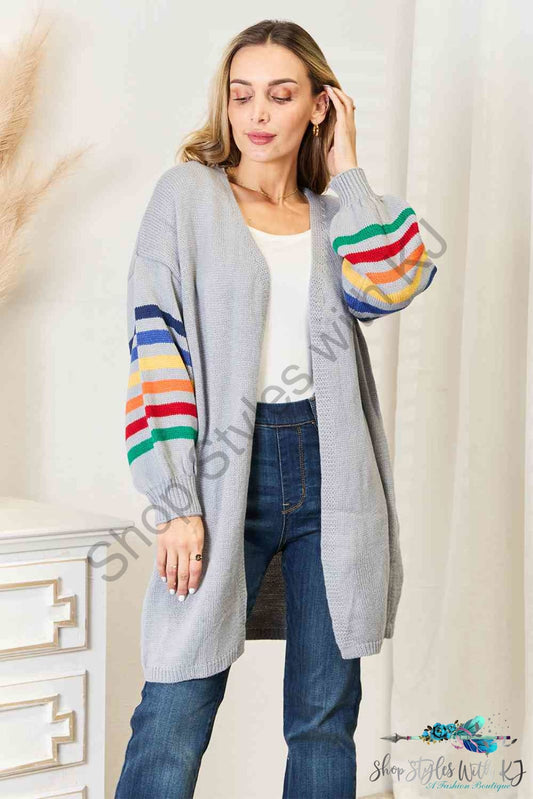 Double Take Multicolored Stripe Open Front Longline Cardigan Light Gray / S Sweaters & Cardigans