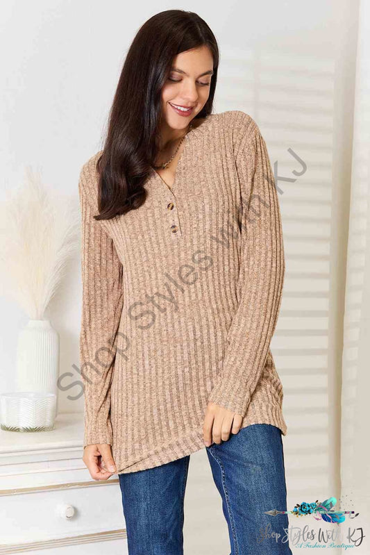 Notched Neck Ribbed Long Sleeve T-Shirt Khaki / S Shirts & Tops