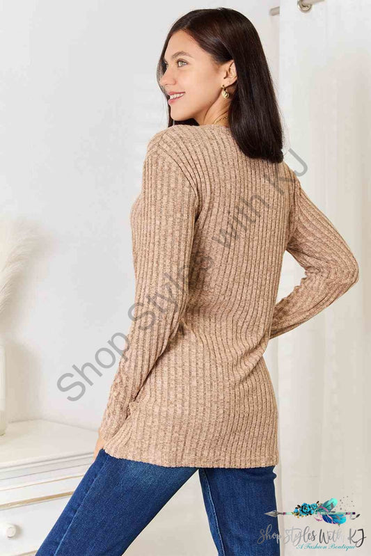 Notched Neck Ribbed Long Sleeve T-Shirt Shirts & Tops
