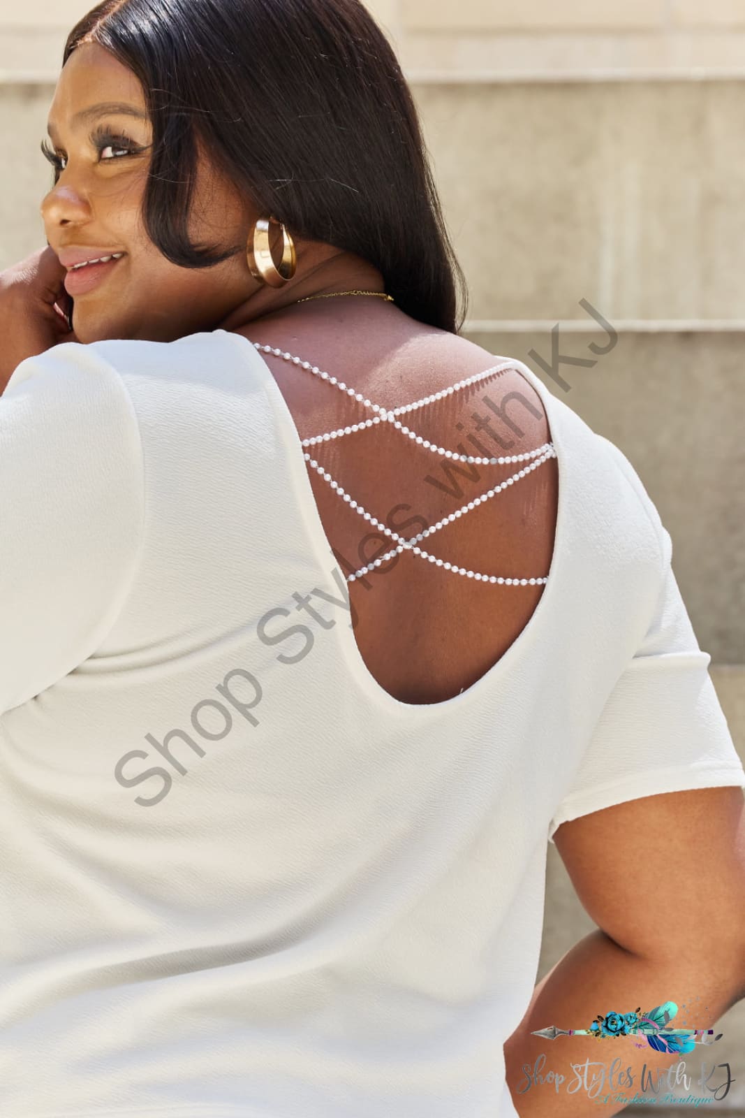 Pearly White Criss Cross Pearl Detail Open Back T-Shirt Shirts & Tops