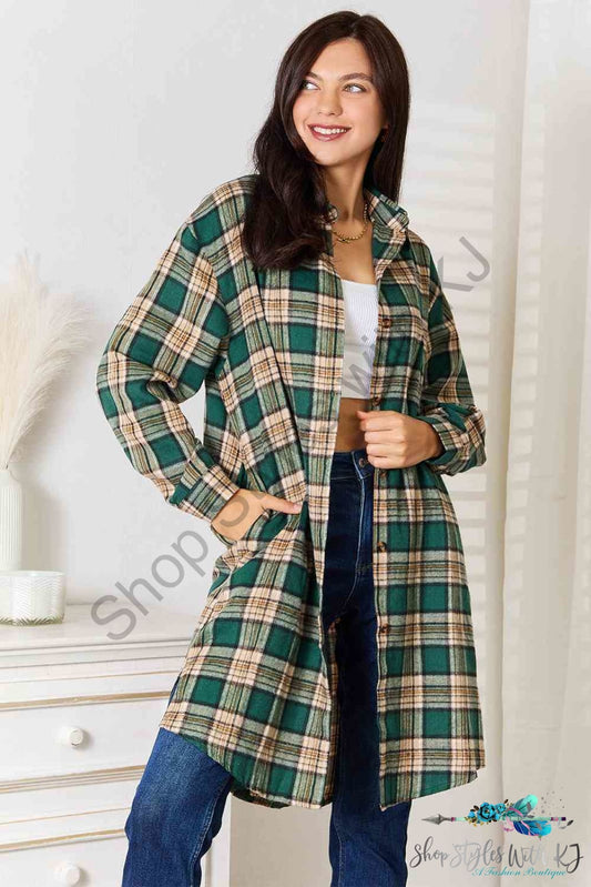 Plaid Collared Neck Long Sleeve Shirt Green / S Shirts & Tops