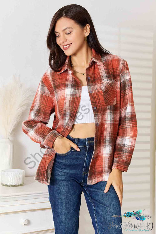 Plaid Collared Neck Long Sleeve Shirt Ochre / S Shirts & Tops