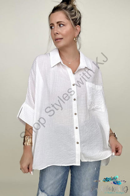 Umgee Pleated Batwing Short Sleeve Button Up Top Off White / S Blouses