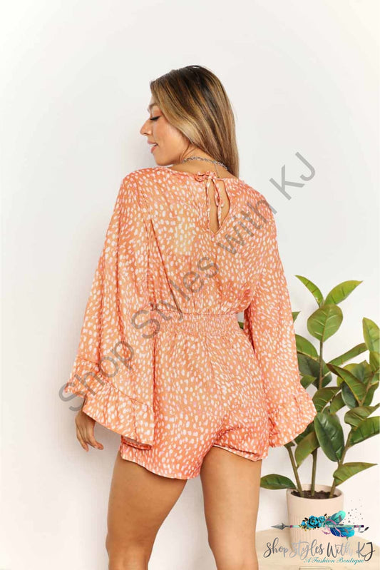 Double Take Printed Flare Sleeve Surplice Romper