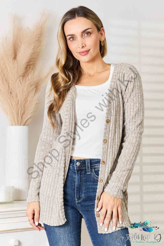 Double Take Ribbed Button-Up Cardigan With Pockets Sweaters & Cardigans