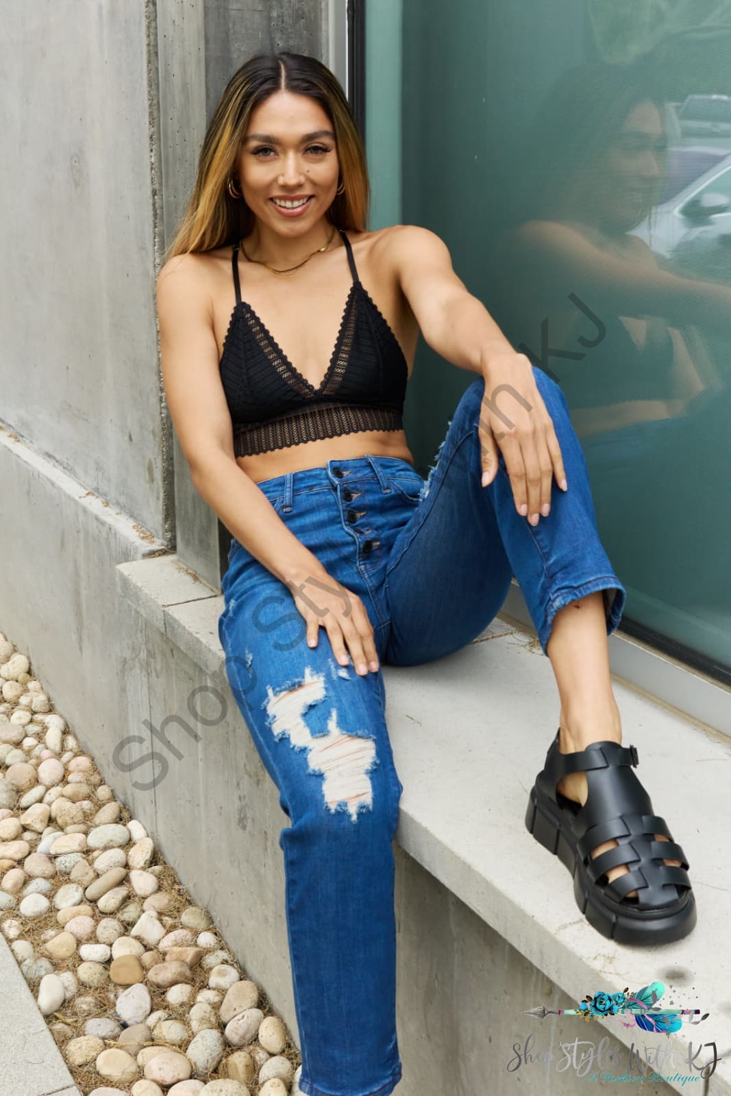 Leto Ribbed Lace Boho Racerback Bralette In Black