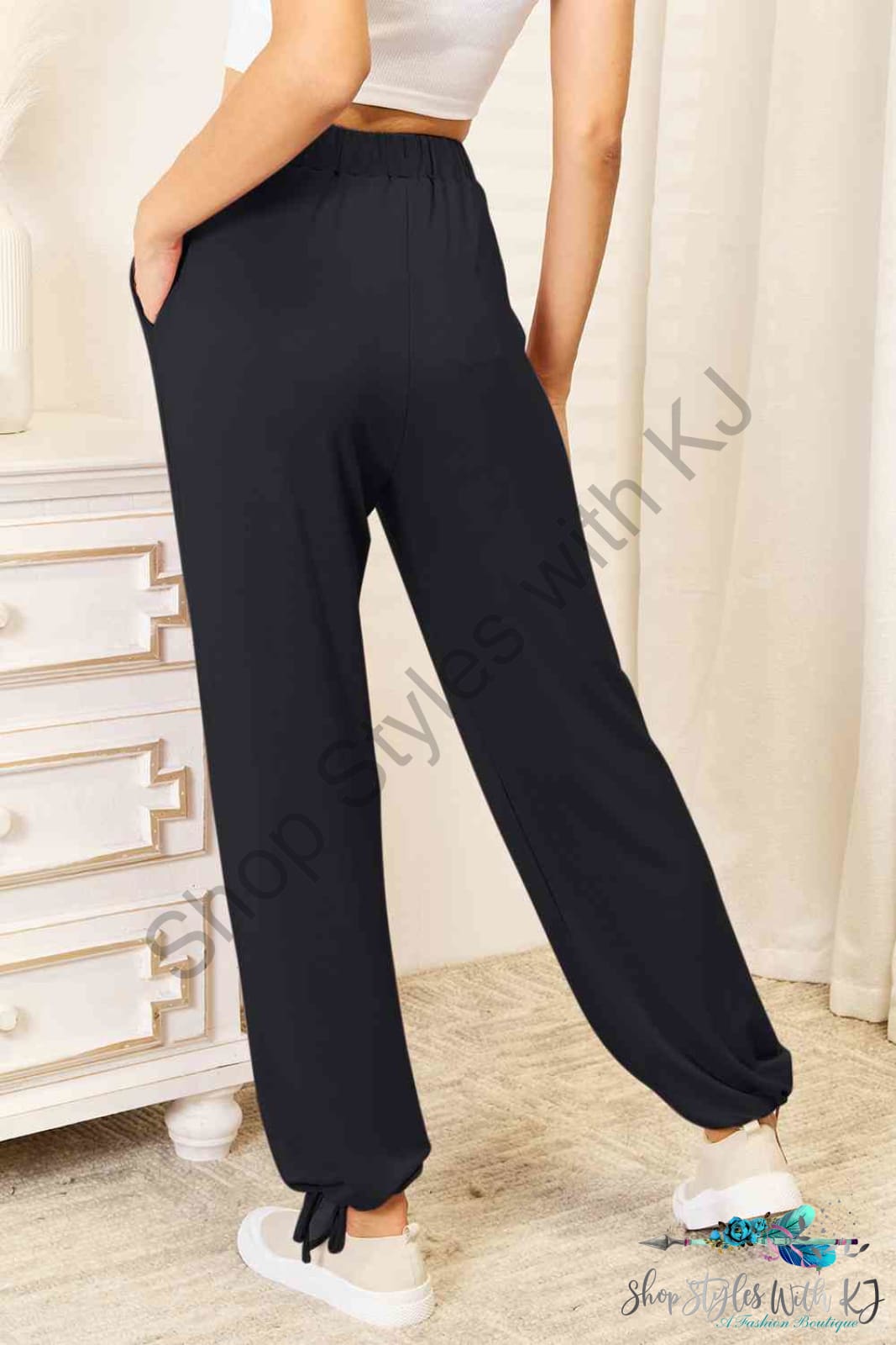 Soft Rayon Drawstring Waist Pants With Pockets Dark Navy / S