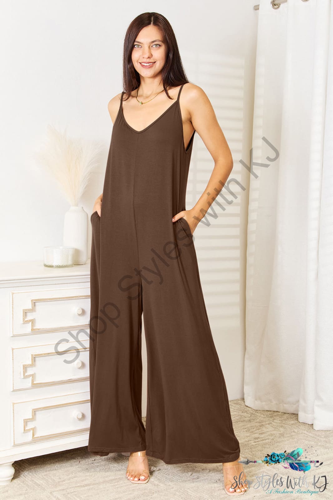 Soft Rayon Spaghetti Strap Tied Wide Leg Jumpsuit Mocha / 2Xl Jumpsuits & Rompers
