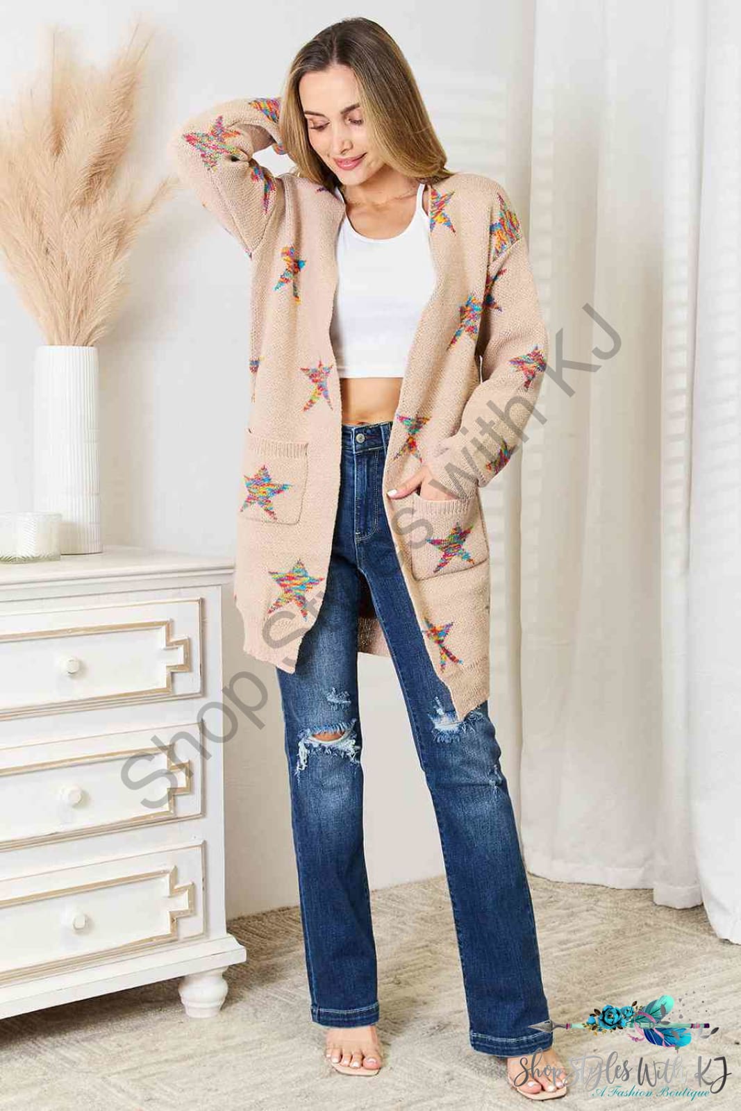 Double Take Star Pattern Open Front Longline Cardigan Sweaters & Cardigans
