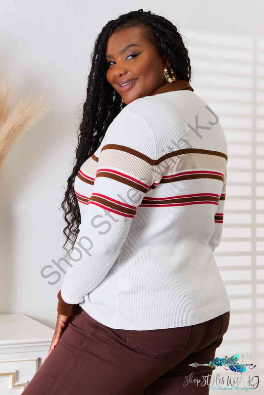 Basic Bae Striped Collared Neck Rib-Knit Top