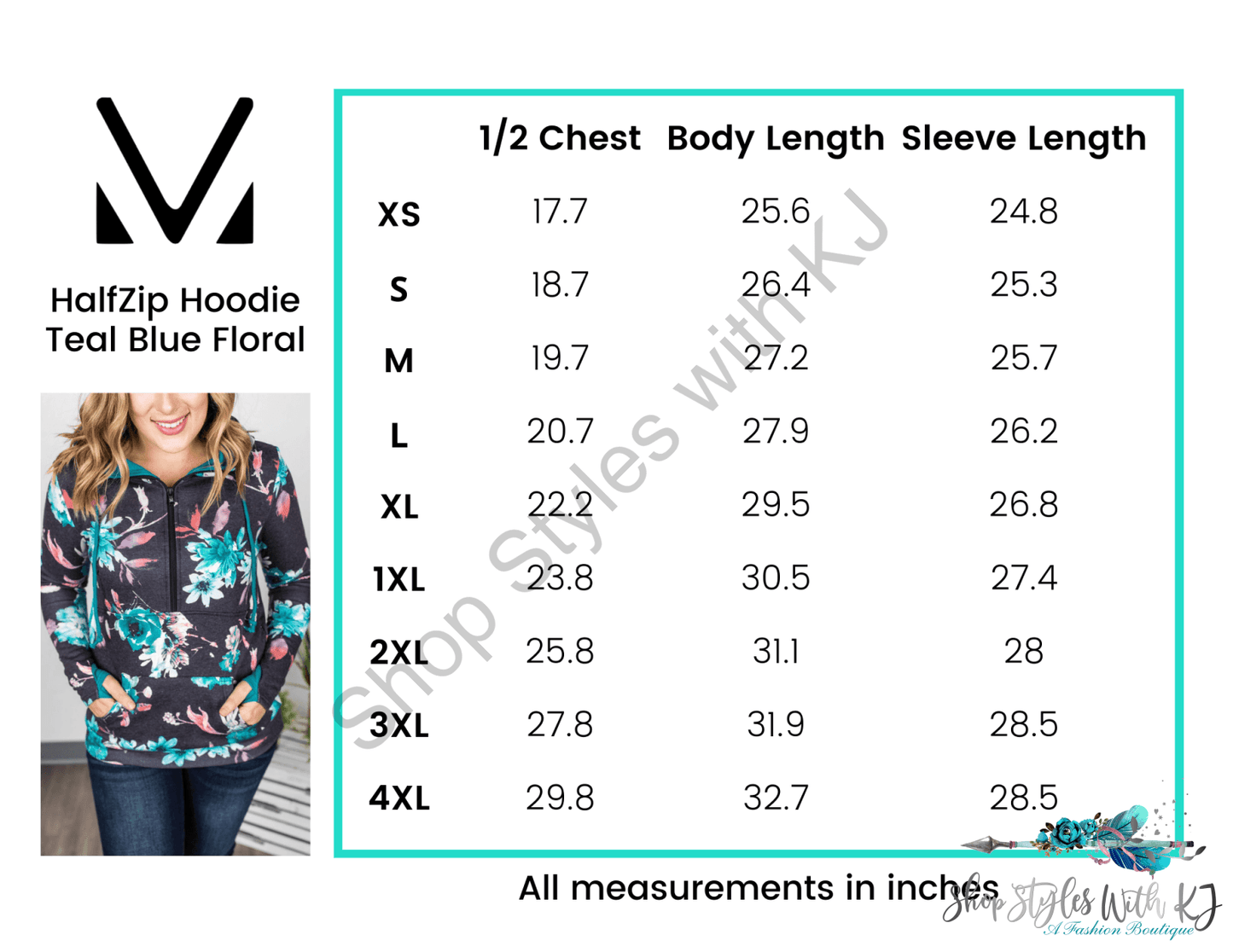 Teal Blue Floral Half Zip Hoodie