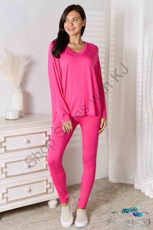 Basic Bae Full Size V-Neck Soft Rayon Long Sleeve Top And Pants Lounge Set Hot Pink / S