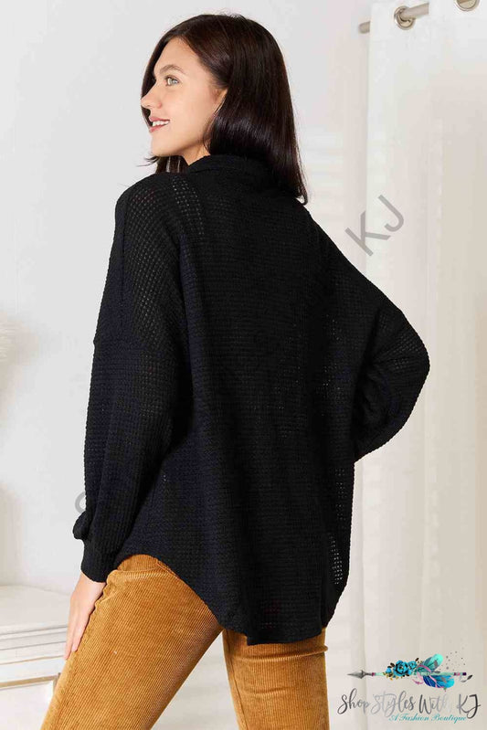 Waffle-Knit Collared Neck Dropped Shoulder Shirt Shirts & Tops