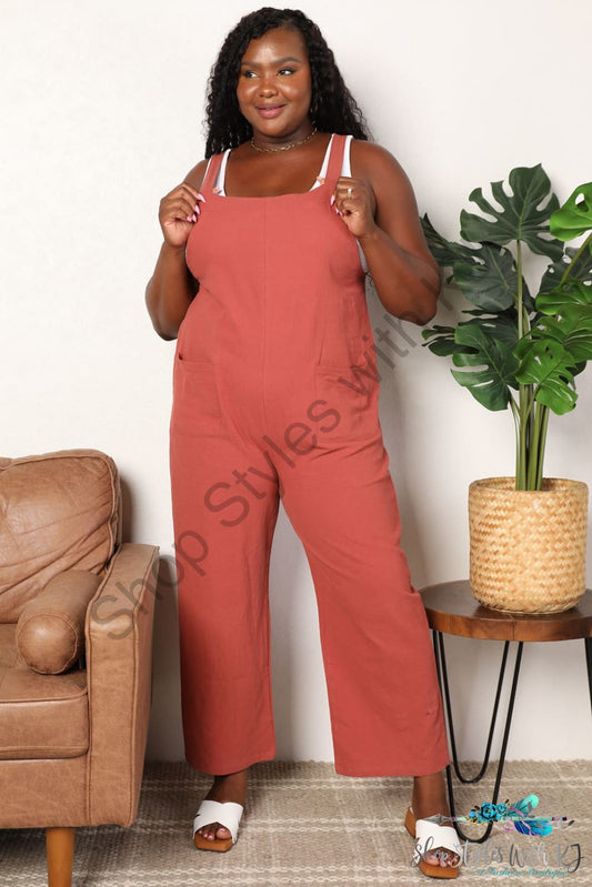 Double Take Wide Leg Overalls With Front Pockets Red Orange / S