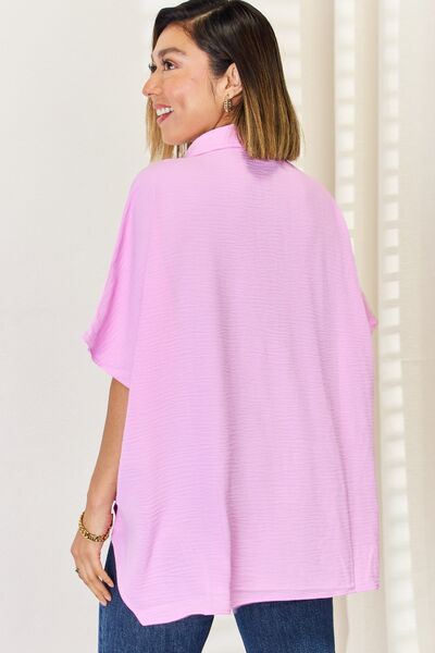 Texture Button Up Short Sleeve High-Low Shirt