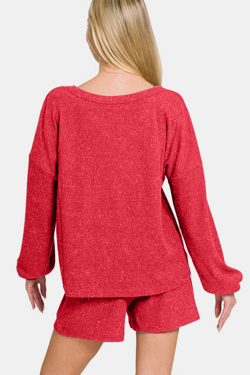 V-Neck Long Sleeve Ribbed Top and Shorts Set - Red