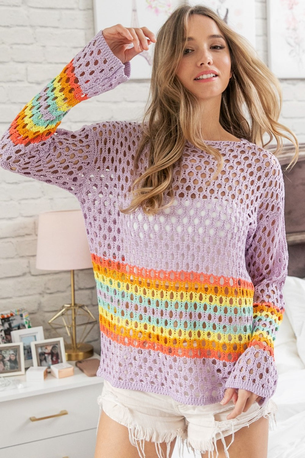 Rainbow Stripe Hollow Out Cover Up