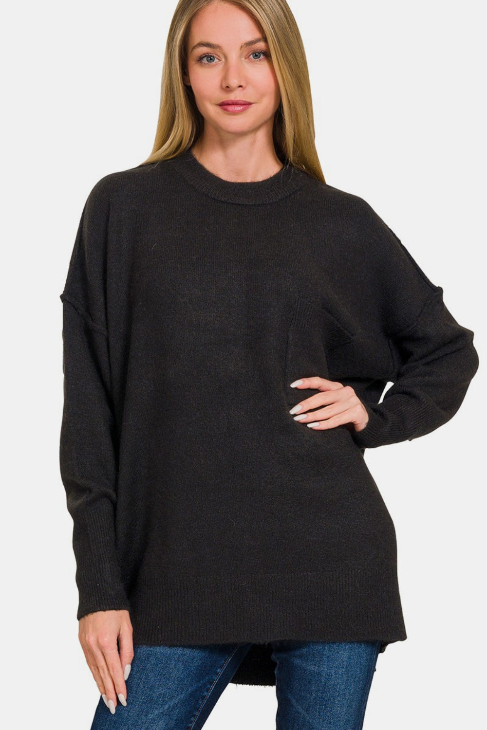 High-Low Hem Drop Shoulder Sweater - Black