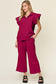 Texture Ruffle Short Sleeve Top and Drawstring Wide Leg Pants Set - 11 Colors