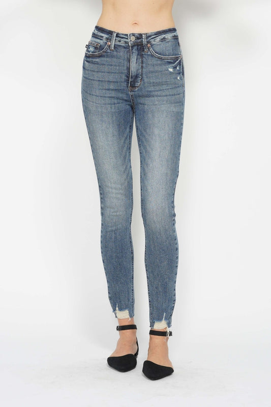 Judy Blue Tummy Control High Rise Vintage Wash Hem Destroy Skinny Jeans