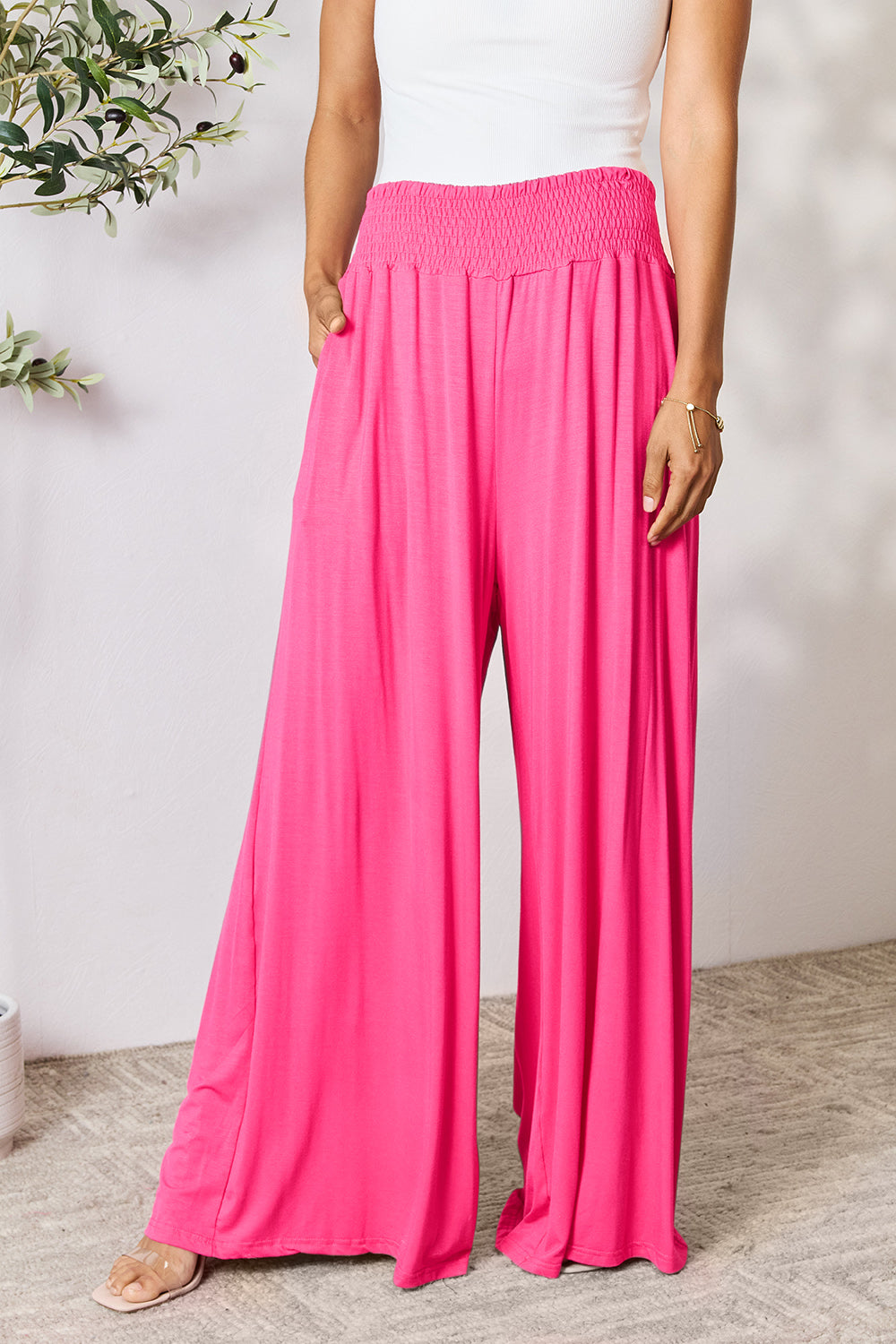 Smocked Wide Waistband Wide Leg Pants - 5 colors