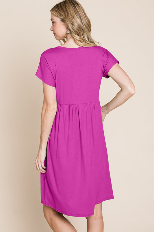 V-Neck Short Sleeve Button Detail Dress - Magenta