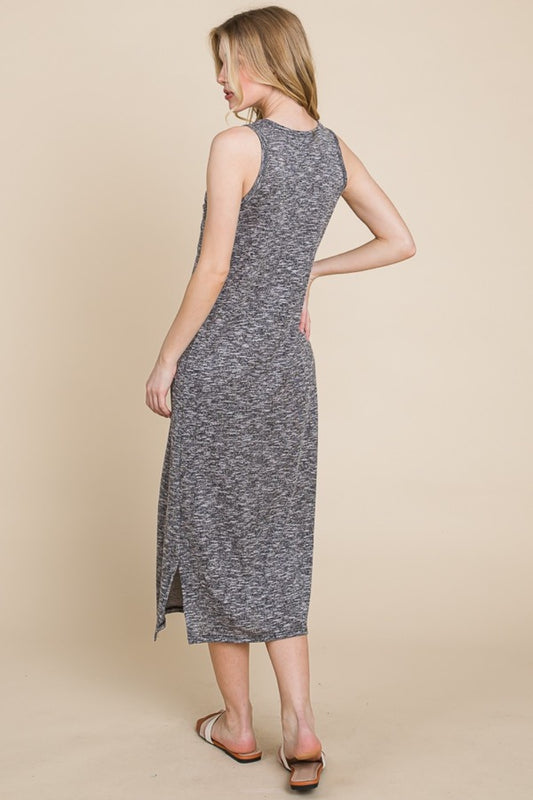 Round Neck Sleeveless Midi Dress with Slit - Grey