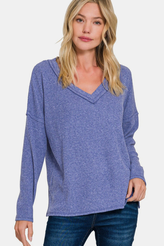 Ribbed V-Neck Drop Shoulder Top - Marlin