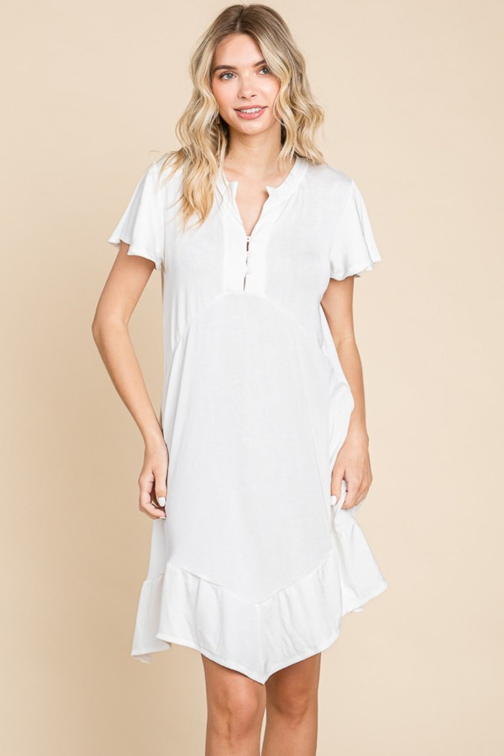 Short Sleeve Ruffled Asymmetric Hem Dress