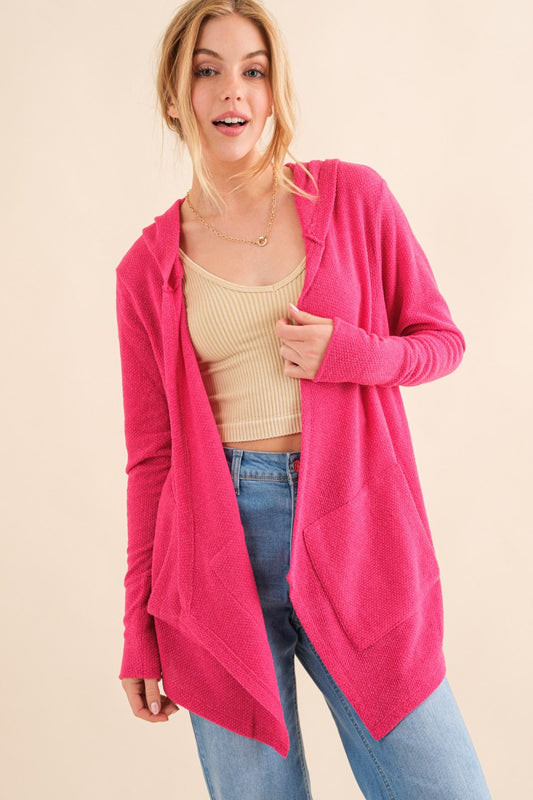 Thermal Hooded Open Front Cardigan with Pockets - Fuchsia