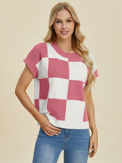 Checkered Round Neck Short Sleeve Sweater - 4 colors
