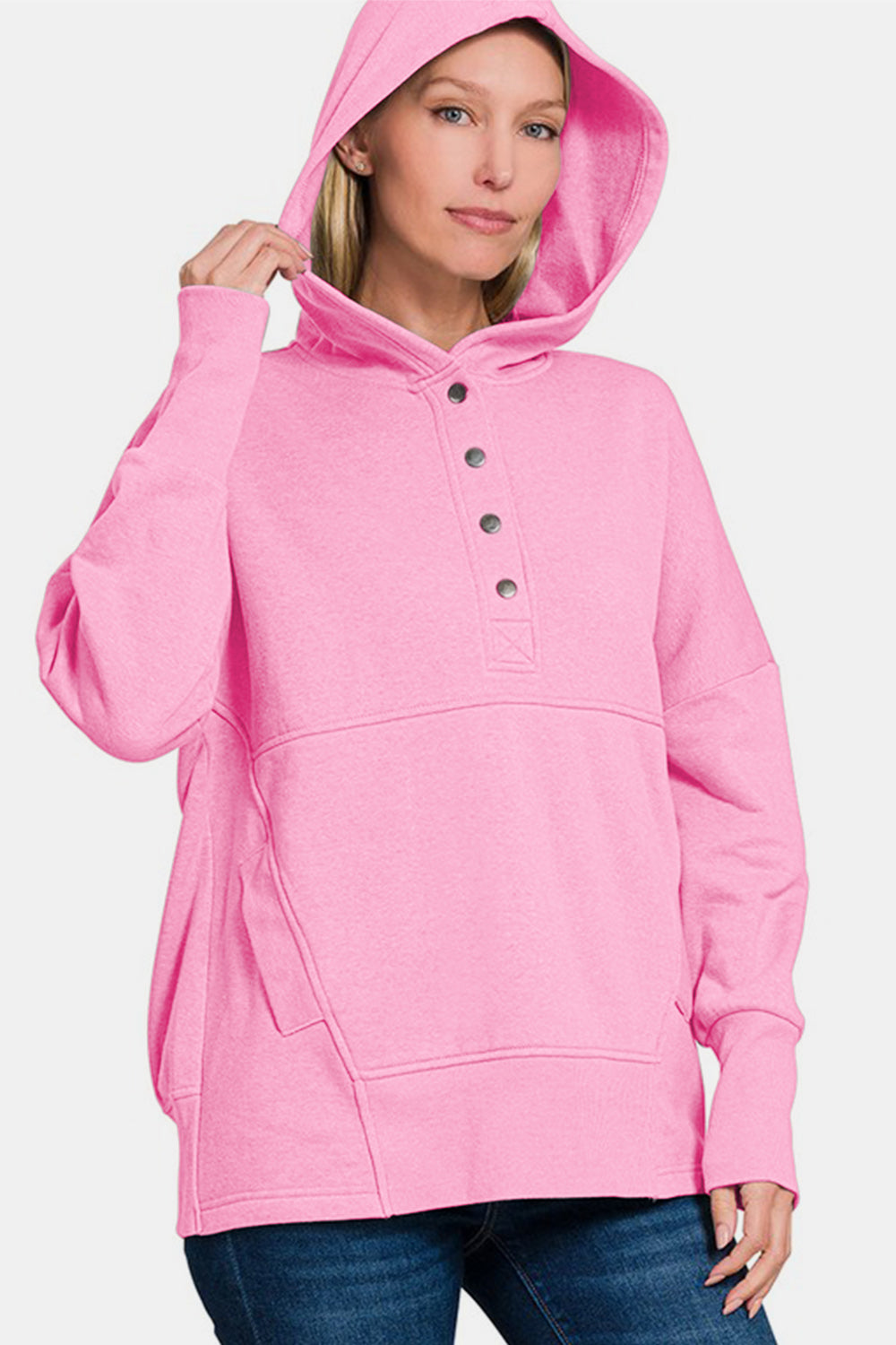 Half Snap Long Sleeve Hoodie with Kangaroo Pocket - Pink