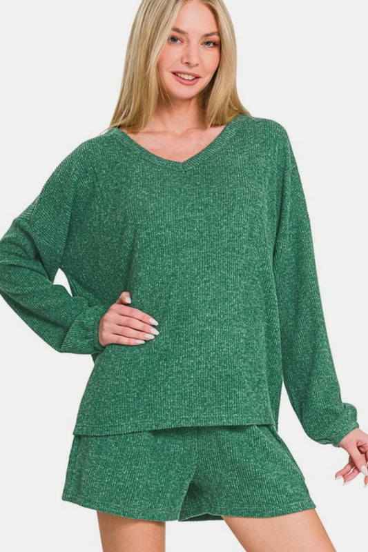 V-Neck Long Sleeve Ribbed Top and Shorts Set - Dark Green