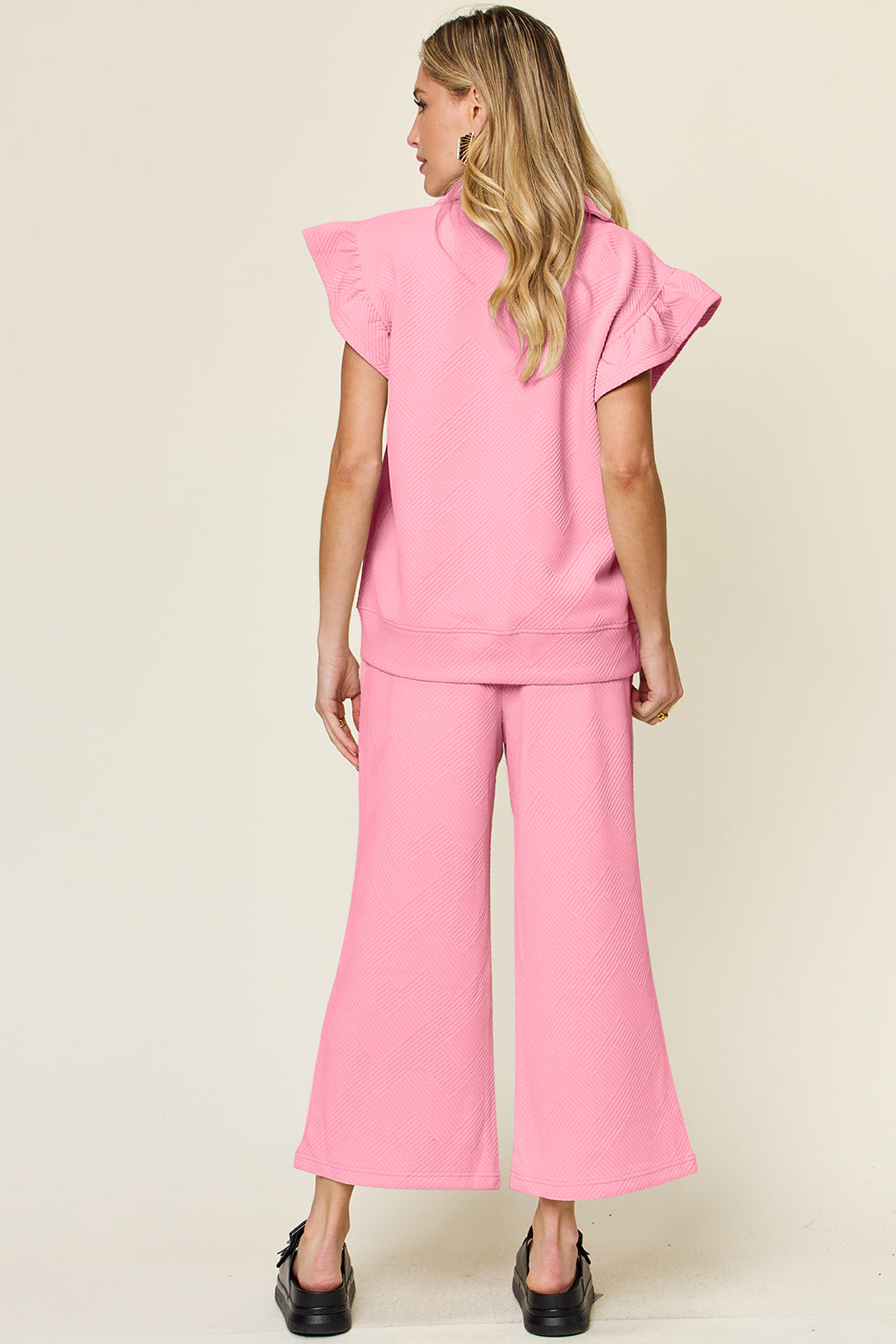 Texture Ruffle Short Sleeve Top and Drawstring Wide Leg Pants Set - 11 Colors